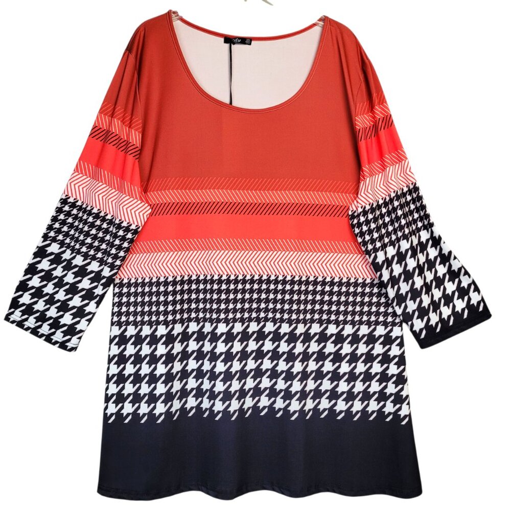 Lily By Firmiana Tunic Top Women's 3XL Geo Red Black 3/4 Sleeve Stretch Casual